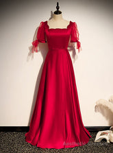 Burgundy Satin Short Sleeve Beading Prom Dress